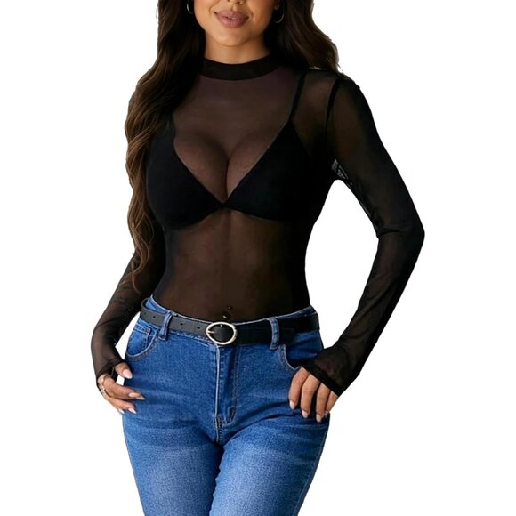 Women Black Long Sleeve Mock Neck Fitted Sexy See Through Going Out Mesh Tops - Picture 1 of 6